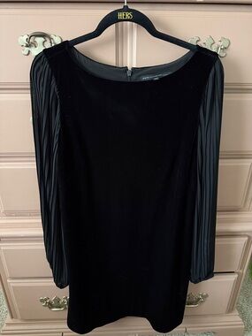 Women's Black Velvet Dress with Pleated Long Sleeves
